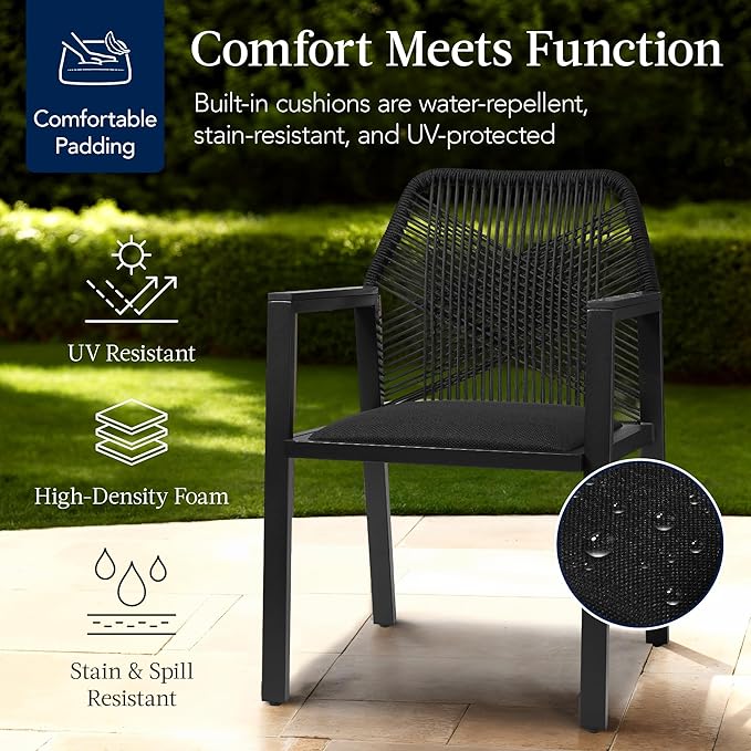 Best Choice Products Outdoor Dining Arm Chair Set of 2, Aluminum Frame with Armrest, All-Weather Woven Rope Chair Design - Black/Obsidian