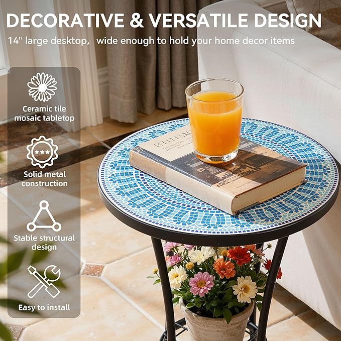 Side Table Outdoor, Mosaic Patio Table with Planter Stand, 22" H Iron Coffee End Table,Weather Resistant Tile Top Metal Drink Bar Table for Indoor Garden Balcony Yard Bistro Balcony