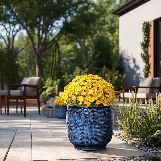 LuxenHome 12" Dia Large Ceramic Pots for Plants, Teal Blue Glazed Planters for Outdoor Plants, Round Indoor Flower Pots with Drainage Hole and Rubber Plug for Home Garden Patio