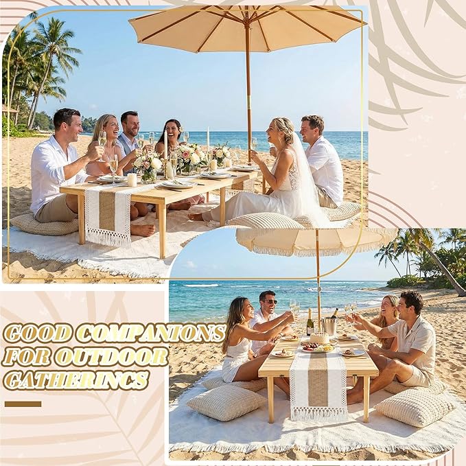 Extra Large Outdoor Boho Picnic Blanket 91'' x 71'' Cream White Table Runner 6 Throw Pillow Cover Woven Cotton Yarn Oversize Beach Blanket Washable for Picnic Camp Wedding