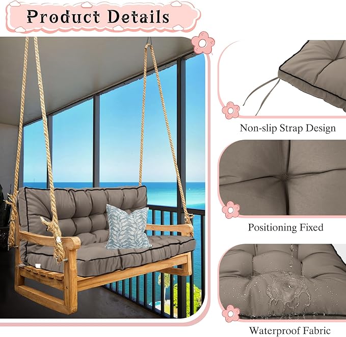 2-3 Seat Swing Replacement Cushion, Outdoor Bench Cushions with Backrest Thicken 4", Patio Furniture Garden Porch Loveseat Glider Pad Anti-Fading Waterproof (Khaki, 40x63in-thicken)