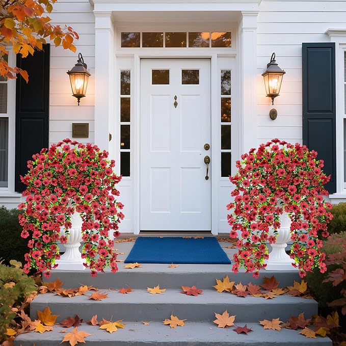 4 Pcs Outdoor Fall Decor, Fall Flowers Artificial For Decoration, Artificial Mums For Outdoors, Fake Mums Faux Mums For Outside Half Sphere, Fake Hanging Plants Plastic Flowers For Home Porch (Red)