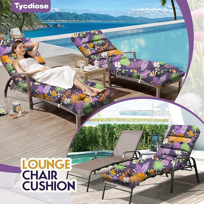 All Weather Chaise Lounge Cushions Outdoor Lounge Chair Cushion, Waterproof Memory Foam Chaise Chair Cushion for Outdoor Patio Furniture with Non-Slip Back and Ties, Purple Floral Leaf