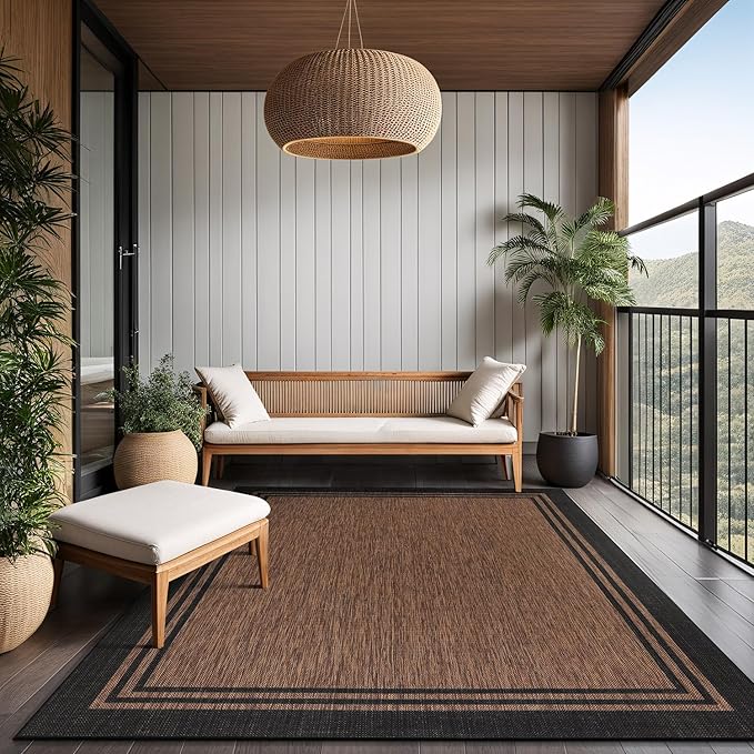 Bordered Outdoor Rug 10x14 Washable Outside Carpet for Indoor Patio Porch Waterproof Easy Cleaning Non Shedding Area Rugs Nut Brown 10 x 14