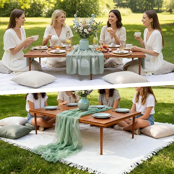 1 Set Low Picnic Table, Foldable Boho Picnic Table with Extra Large Outdoor Camping Blanket Portable Boho Wood BBQ Tables for Camping Wedding Beach BBQ Party (for 4 Person,Brown)