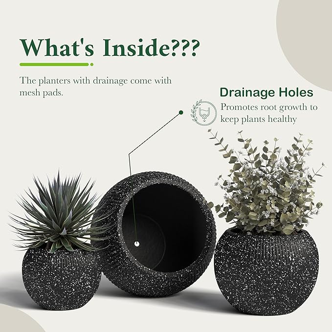 DTY Mt Sherman 21.1'' D x 16.7'' H (Pot Opening 14.6") Fiberstone Round Planter with Drainage Hole, Smooth Finishes, Weather Resistant for Indoor and Outdoor, 2 Extra Coco Mats - Ribbed Black, Large