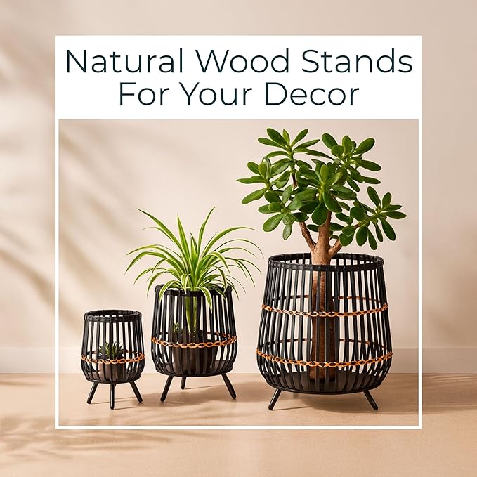 Set of 3 Woven Basket Decorative Planter Pot with Short Legs – Bamboo & Rattan Outdoor & Indoor Plant Pot – Modern Garden & Home Decor Planters – 13", 17", & 19", Black