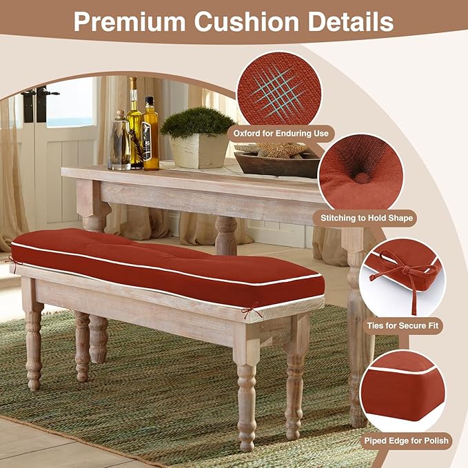 Favoyard Indoor/Outdoor Bench Cushion 36 x 14 Inch Waterproof & 3-Year Fade-Resistant Patio Furniture Cushions for Garden Porch Swing Chair Tufted Pad for Sofa Couch Seat with Ties, Red