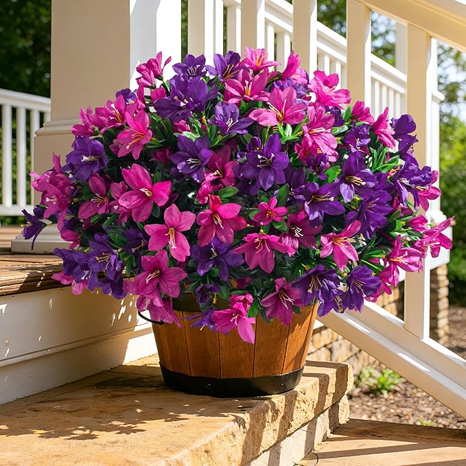 INSPRING Artificial Fake Flowers for Outdoors Spring Summer Decoration, 3 Bundles Realistic Outdoor Faux Azalea Plants UV Resistant Silk Flowers for Outside Planter Patio Porch Garden Yard Home Decor