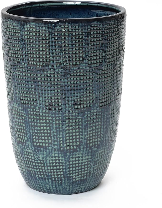LuxenHome 17-Inch Tall Round Ceramic Planter, Large Indoor Outdoor Plant Pots with Drainage Hole and Rubber Plug, Modern Green-Blue Glazed
