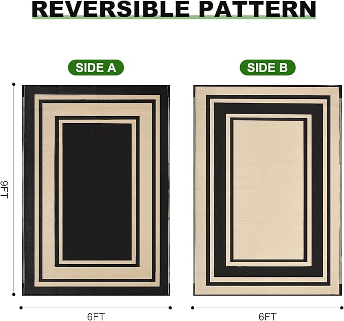 RURALITY Outdoor Rugs 6x9 Waterproof for Patios Clearance,Plastic Straw Mats for Backyard,Porch,Deck,Balcony,Reversible,Black and Beige
