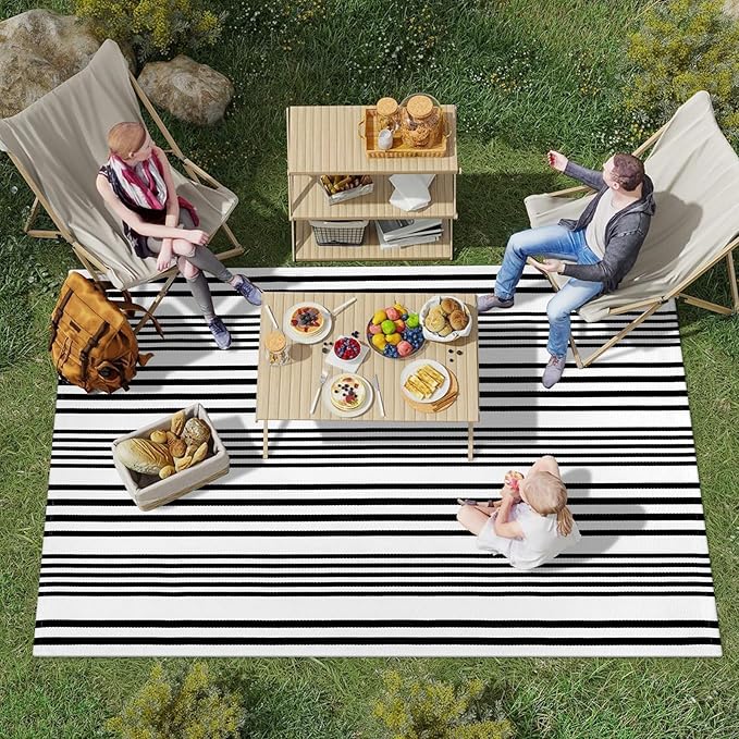 OJIA Outdoor Area Rug 4'x6', Black and White Outdoor Rug Machine Washable Patio Rugs Cotton Hand Woven Door Mats Indoor Outdoor Striped Rugs for Front Porch/Deck/Backyard/Balcony/Home Decor