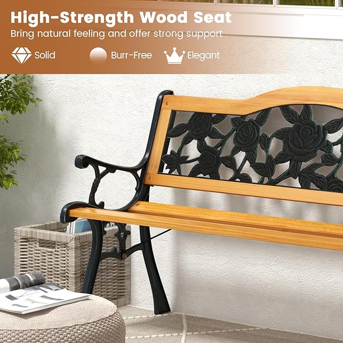 Tangkula Outdoor Garden Bench Park Bench, Patio Furniture Bench Chair with Cast Iron & Hardwood Structure, Weather Proof Porch Loveseat, Perfect for Backyard, Deck, Lawn, Poolside