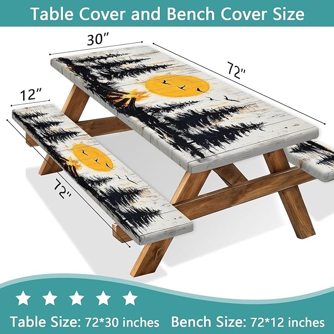 3PCS Picnic Table Cover with Bench Cover Forest Sunset Silhouette Wooden Patten Camping Tablecloth Fitted Picnic Table Cover with Elastic Windproof Waterproof Outdoor & Garden Camping Accessories 60IN