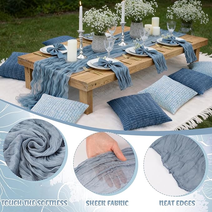 91 x 71 Extra Large Outdoor Boho Picnic Blanket with Gray Blue Table Runner, 6 Throw Pillow Covers 6 Napkins Woven Cotton Yarn Oversize Beach Blanket Washable Picnic Camp Wedding