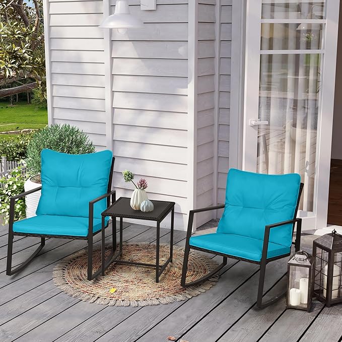 SUNCROWN 3 Piece Outdoor Rocking Bistro Set Black Wicker Furniture Porch Chairs Conversation Sets with Glass Coffee Table, Light Blue
