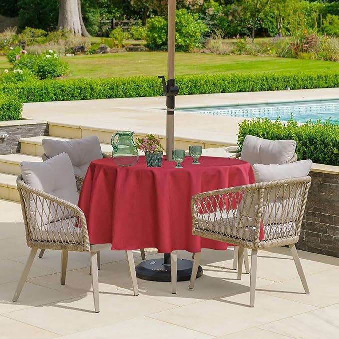 Outdoor Tablecloth Wrinkle-Free Stain Resistant Waterproof Polyester Fabric Table Cover with Zipper Umbrella Hole for Picnic/Party/Dinner/Patio Garden(60inch Round,Zippered,Red)
