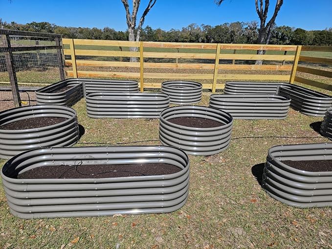 A ANLEOLIFE 14-Piece 18 Inch Tall Raised Garden Beds Kit, Heart-Shaped, Long Oval & Round Metal Planters – Ideal for Creative Garden Layouts, Quartz Grey