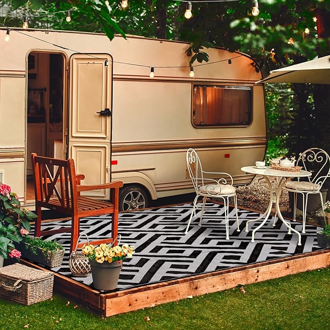 6x9 Outdoor Patio Rug with Carry Bag, Waterproof Outdoor Plastic Straw Rug RV Camping Rug, Reversible Picnic Mat Outside Carpet for Backyard, Porch, Balcony, Deck, Black & Light Grey
