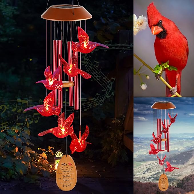 Cardinal Red Bird Solar Wind Chimes - Outdoor Garden Gifts for Mom from Daughter or Son - Mom's Room Decor for Mother's Day, Thanksgiving, Christmas, Birthday