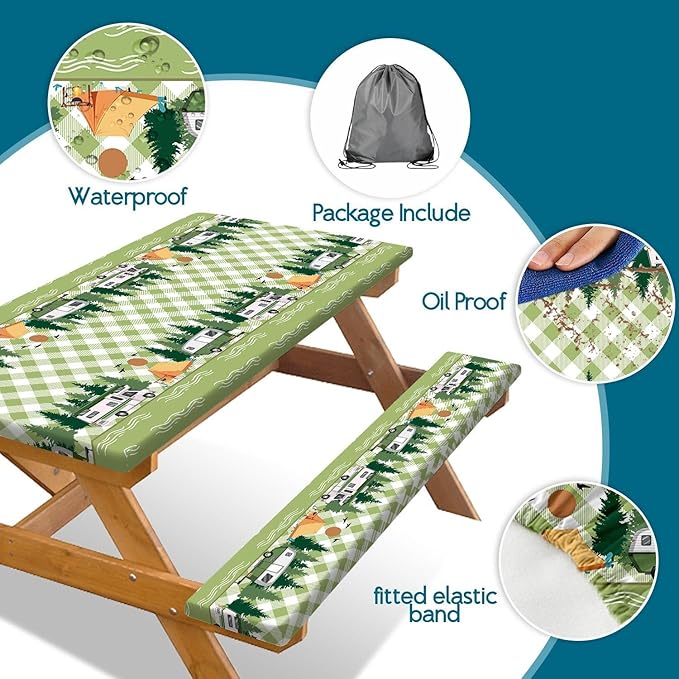 Picnic Table Cover with Bench Covers, Buffalo Plaid Camping Waterproof Windproof Fitted Tablecloth Cover with Elastic Edge, Camping Fitted Tablecloth with Drawstring Bag, 96in, Sage Green