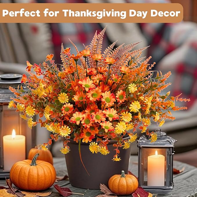 Fall Flowers Artificial for Thanksgiving Decoration, Artificial Mums for Outdoors, 10 Bundles Fake Fall Plants, Faux Mums for Outdoor Planters, Indoor Home Porch Decor (Early Harvest)