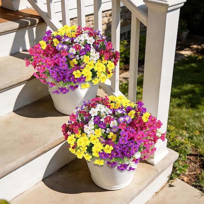 Artificial Fake Petunias Flowers for Outdoors Spring Decoration, 12 Bundles Faux Flower Plants UV Resistant Realistic Silk Flower for Outside Planters Patio Porch Yard Window Box (6 Mix Colors)