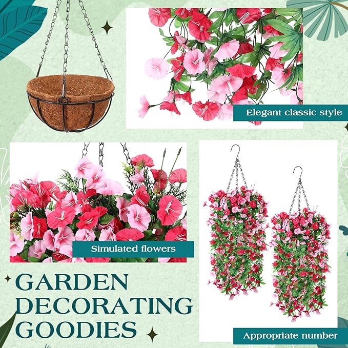 Hotop 2 Set Artificial Hanging Flower Basket and 6 Pcs Bougainvillea Silk Vine Flower for Outdoor Indoor UV Resistant Faux Hanging Plant Coconut Lining Planter Pot(Rose Red, Pink)