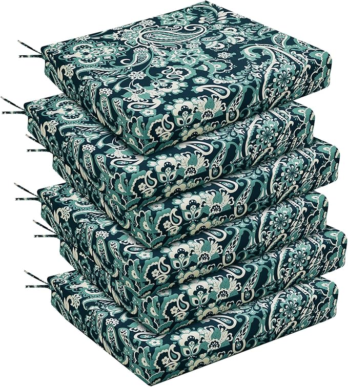 downluxe Outdoor Chair Cushions Set of 6 for Patio Furniture, Water-Resistant Square Corner Patio Chair Cushions with Ties, High Density Foam Outdoor Seat Cushion, 18.5" X 16" X 3", Green Paramecium