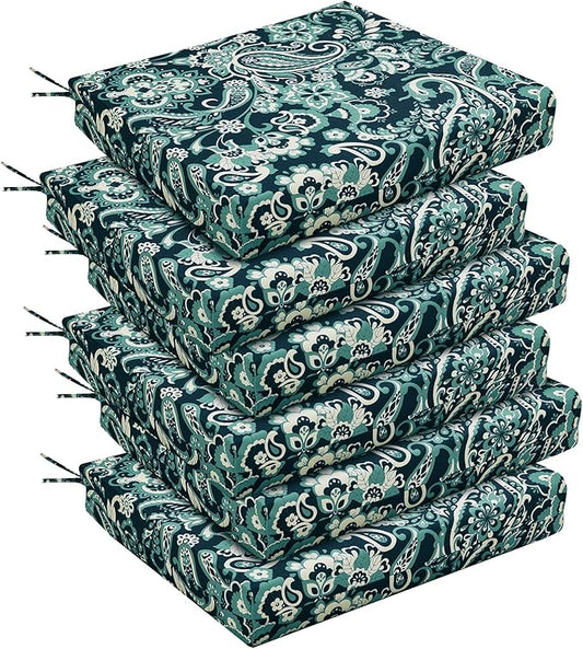 downluxe Outdoor Chair Cushions Set of 6 for Patio Furniture, Water-Resistant Square Corner Patio Chair Cushions with Ties, High Density Foam Outdoor Seat Cushion, 18.5" X 16" X 3", Green Paramecium