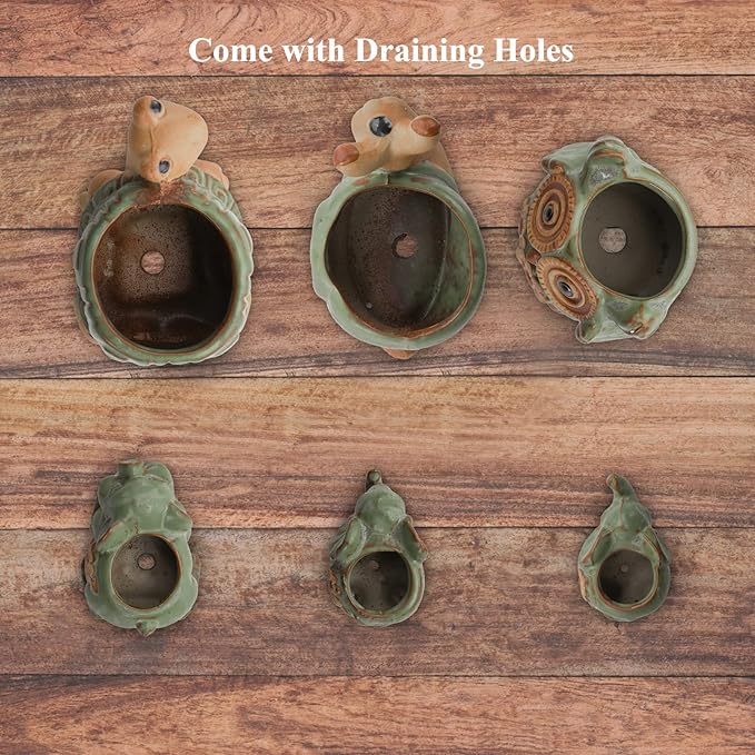 Okllen 6 Pack Mini Animal Ceramic Succulent Planter Set, Cute Elephant, Turtle, Owl, Snail, Succulent Pots with Drainage Hole, Ideal for Bonsai, Indoor, Outdoor