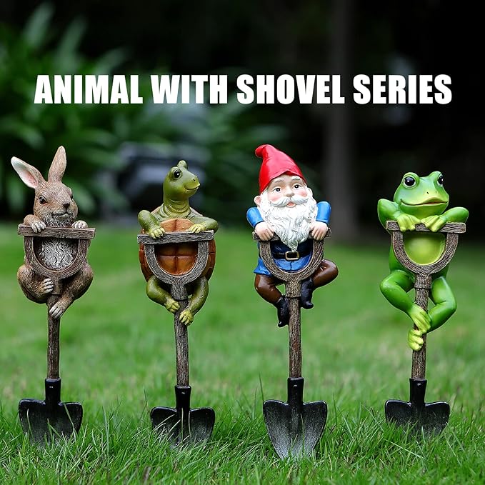 Frog Figurine Garden Statue Outdoor Decoration Frog with Shovel Plant Decor Landscape Resin Sculpture Gift Art Accessories Animal Ornament for Yard Lawn Patio Outside Backyard Home Pots