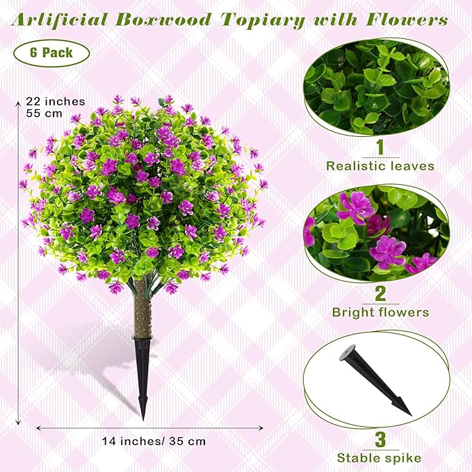 Yunlly 6 Pcs Outdoor Artificial Topiary Ball Trees 22" with Colorful Flowers, Boxwood Fake Bushes Shrubs with Spike, UV Resistant Evergreen Plants for Front Porch Garden Decor (Purple)