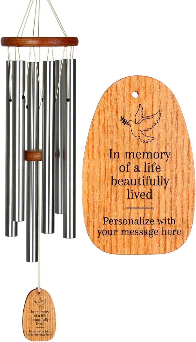 Woodstock Wind Chimes Personalized Amazing Grace Memorial Chime for Outside 24'' Medium Silver Sympathy Customized Dove Inspirational Wind Chime for Outdoor Patio Home Garden Decor