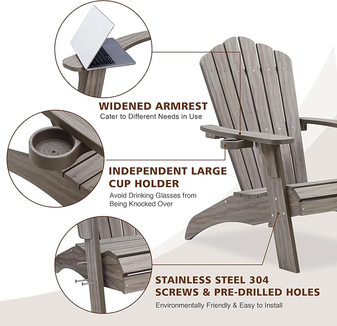 Psilvam Oversized Adirondack Chair, Fade-Resistant & Odor-Free Poly Lumber Fire Pit Chairs with Cup Holder, Weatherproof Lawn Chair, Easy 15 Min Install Patio Chair, 350 Lbs Support (2, Light Gray)