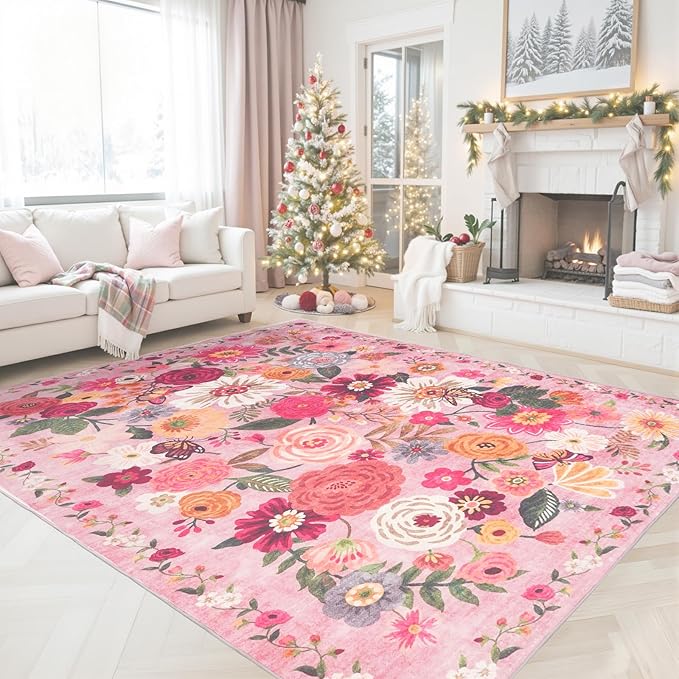 Pink Floral Girls Room Rug 5x8, Non-Slip Washable Rugs for Bedroom Living Room Nursery Kitchen Dining Room Indoor, Ultra-Thin Soft Stain Resistant Girls Room Decor(5 x 8, Pink Garden)