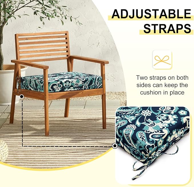 downluxe Outdoor Chair Cushions Set of 6 for Patio Furniture, Water-Resistant Square Corner Patio Chair Cushions with Ties, High Density Foam Outdoor Seat Cushion, 18.5" X 16" X 3", Green Paramecium