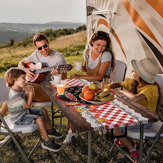 Happy Camper Picnic Table Cover with Bench Covers Elastic Edges, Wooden Red Plaid Fitted Table Cover, Outdoor Patio Camping Essentials 96 Inch 3PCS, Waterproof Fitted Tablecloth with Drawstring Bag