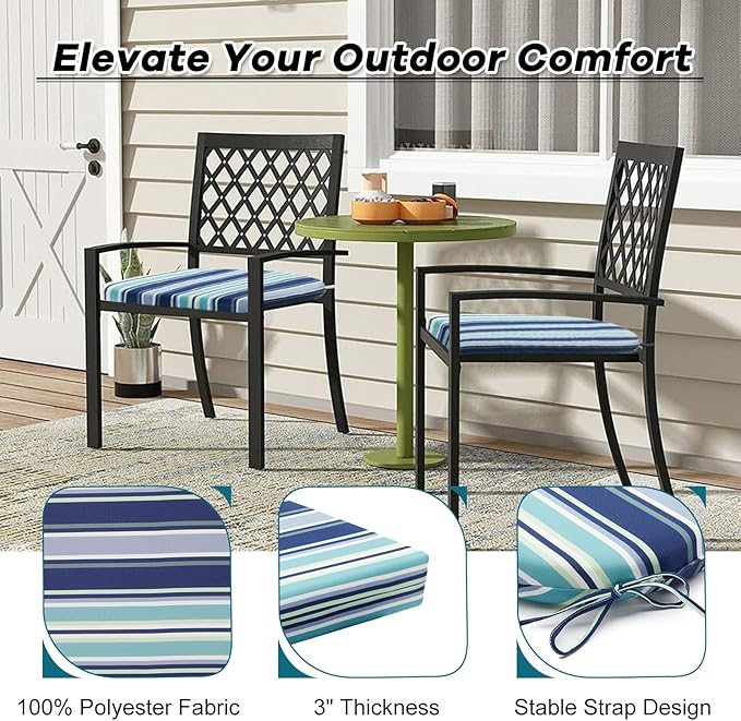 Basic Beyond Outdoor Chair Cushions Set of 4, Outdoor Cushions for Patio Furniture, Water Resistant Patio Chair Cushions with 2 Ties, 17x16x2, Pinstriped Blue