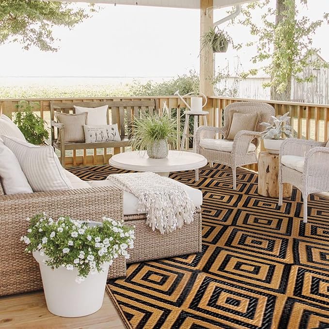 Reversible Mats, Outdoor Patio Rugs, Plastic Straw Rug, Modern Area Rug, Floor Mat for Outdoors, RV, Patio, Backyard, Deck, Picnic, Beach, Trailer, Camping (Diamond Black & Brown, 9' x 12')