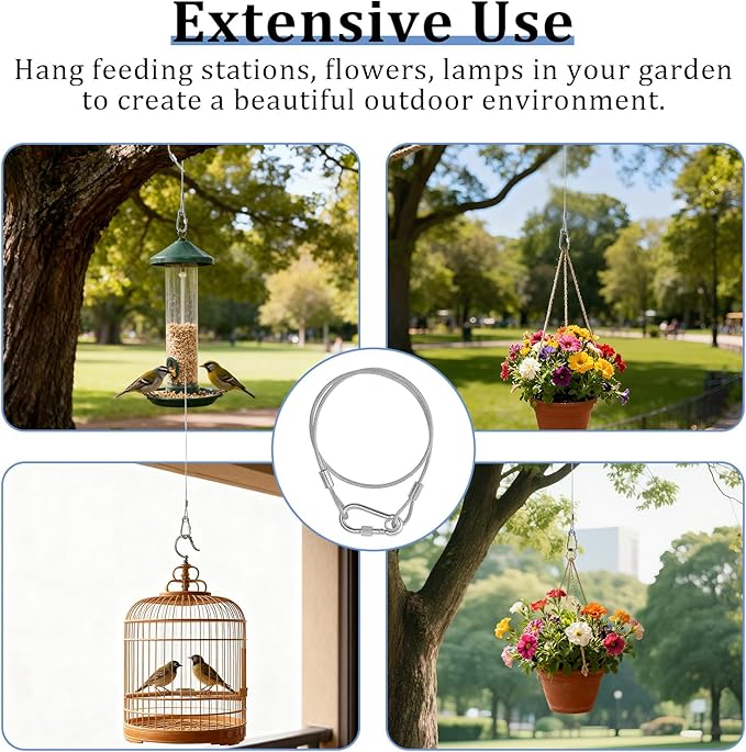 4 Pcs Hanging Steel Cables with Carabiner Hooks 12" 18" 24" 36"- Adjustable Hanging Chain Cable Rope Bird Feeder Hanger for Bird Feeders, Planters, Lanterns & Outdoor Christmas Tree Decorations