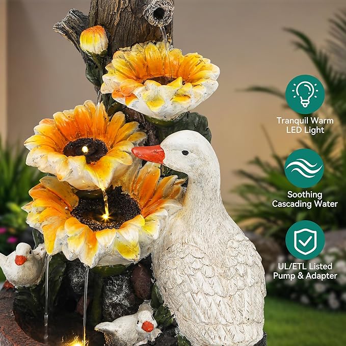19" Water Fountain Indoor Outdoor, 4-Tier Sunflower & Duck Design with LED Lights and Cascading Waterfalls, Rustic Decor for Garden, Yard, Patio, Flowerbed & Farmhouse