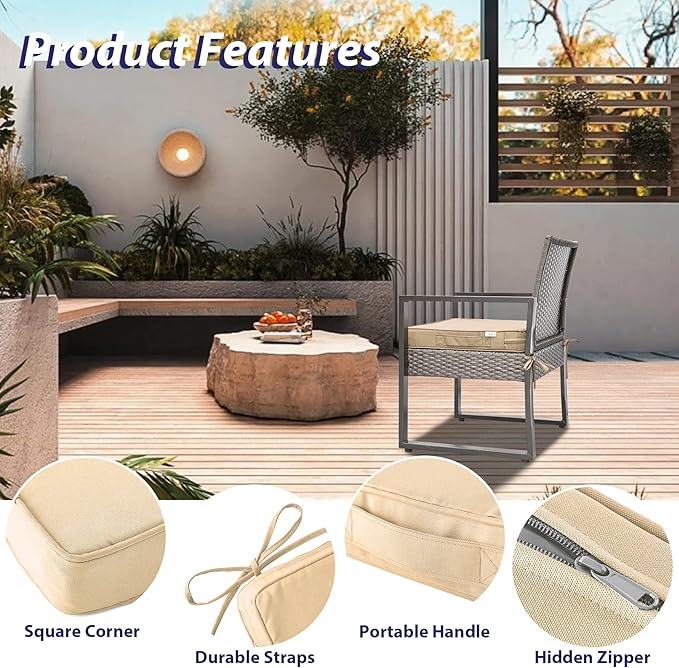 Outdoor Chair Cushions Set of 4 -Waterproof Outdoor Seat Cushions for Patio Furniture, Patio Chair Cushion with Handle and Ties, Square Out Door Chair Pads,19" x 19" x 3", Beige