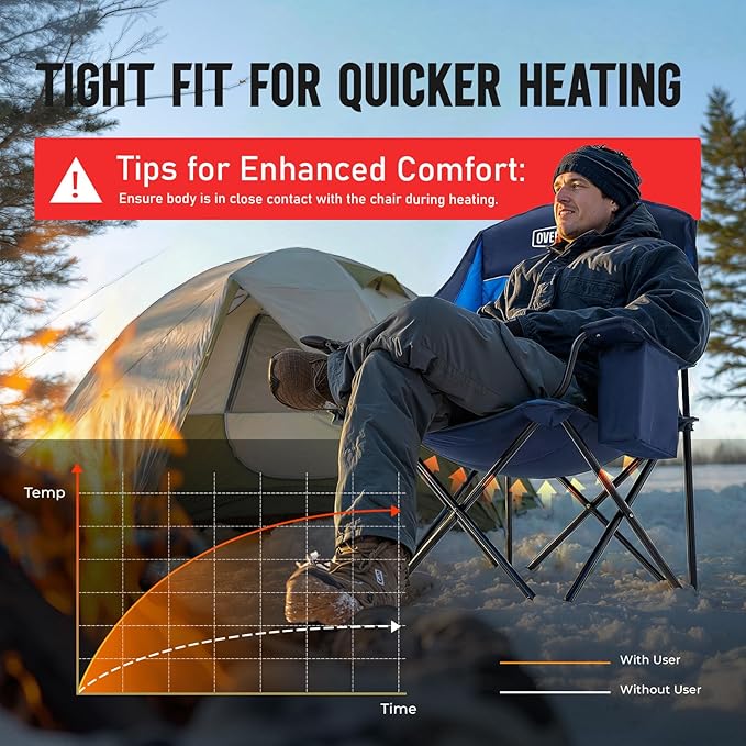 Overmont Heated Oversized Camping Chair for Adults - 3 Heat Levels Seat & Back Separately Control - 400lbs Support Heavy Duty Padded Folding Chair Outdoor Garden Portable - Battery NOT Included