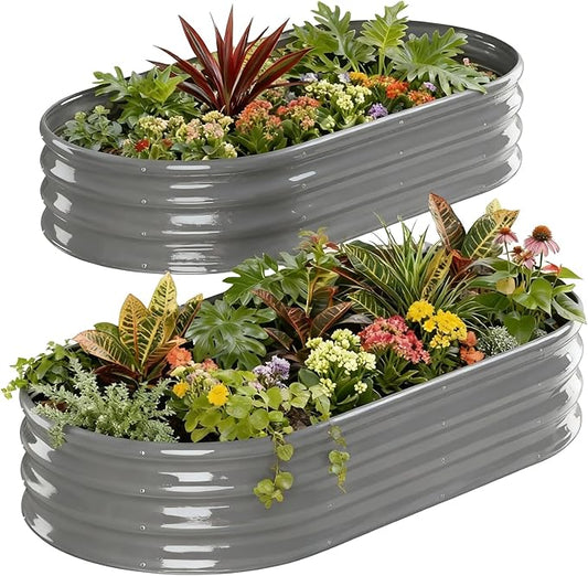 Raised Garden Bed Outdoor 2 Sets Oval Large Coating Metal Planter Box with No Heavy Metal for Vegetables, Flowers, Herbs