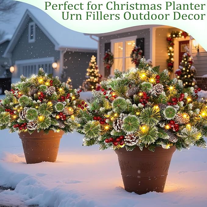 Timer - 2 Pack 24 Inch Lighted Outdoor Christmas Tree Urn Fillers Decorations,Warm White&Colorful Lights 8 Mode,Snowy Pinecones Red Berries Battery Operated Tripod Stake Holiday Planters Porch Pathway