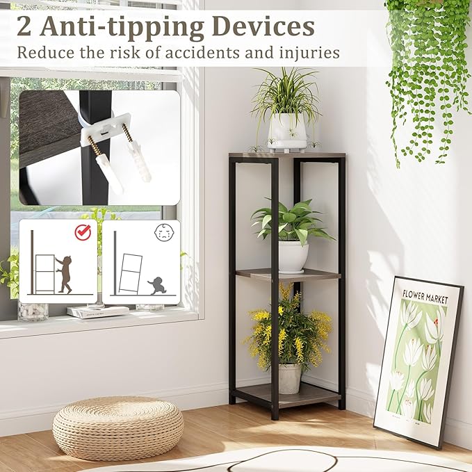 Giantex 3 Tier Tall Plant Stand Indoor, 36 Inch Corner Plant Holder with Metal Frame, Modern Plant Shelf for Multiple Flower Pots, Square Plant Tables for Balcony, Living room, Garden, Tall Plant Stand