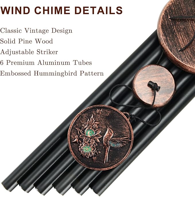 Wind Chimes for Outside, Vintage Hummingbird Deep Tone Wind Chime Outdoor Clearance, Patio Porch Balcony Decoration, Garden Hanging Decor Gifts for Women Mom Grandma (34" Hummingbird)