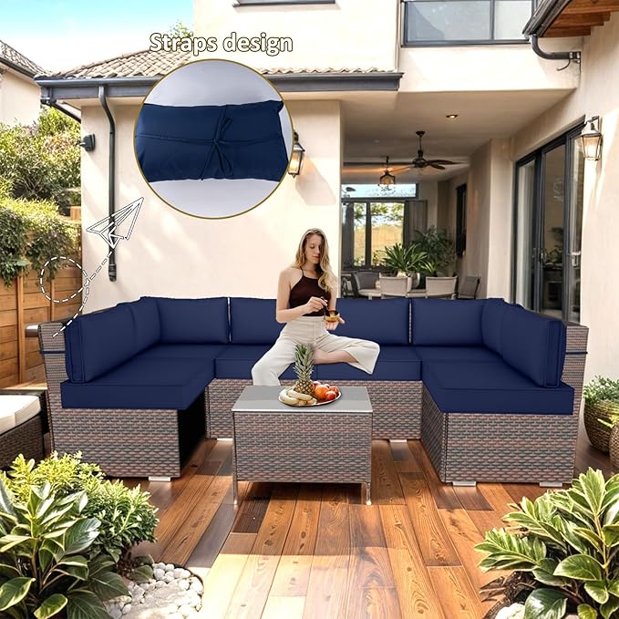 14 Piece Outdoor Replacement Cushions for Patio Furniture, Water-Resistant Sectional Sofa Cushions,Fits 6-seat Sectional Rattan Conversation Set,Liner and Cover (Navy Blue)