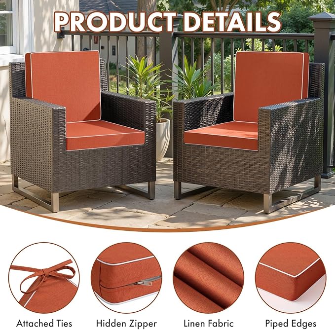 MIULEE Orange Outdoor Chair Cushions Set of 4, 19x19x3 Inch Waterproof Patio Seat Cushions for Outdoor Furniture Couch Sofa, 3 Year Color Fastness High Density Foam with Adjustable Ties